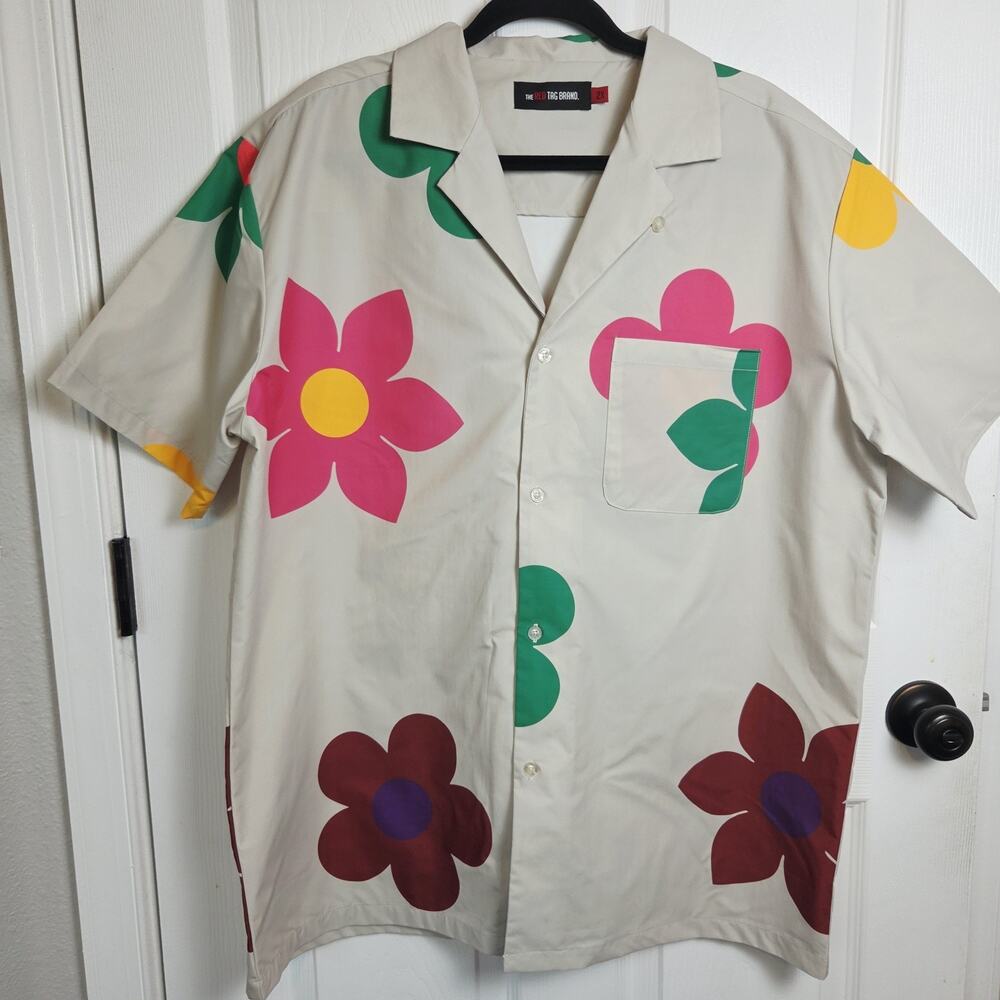 THE RED TAG BRAND RTGB Shirt Mens 2XL Beige Graphic Daisy Print Camp Retro 70s